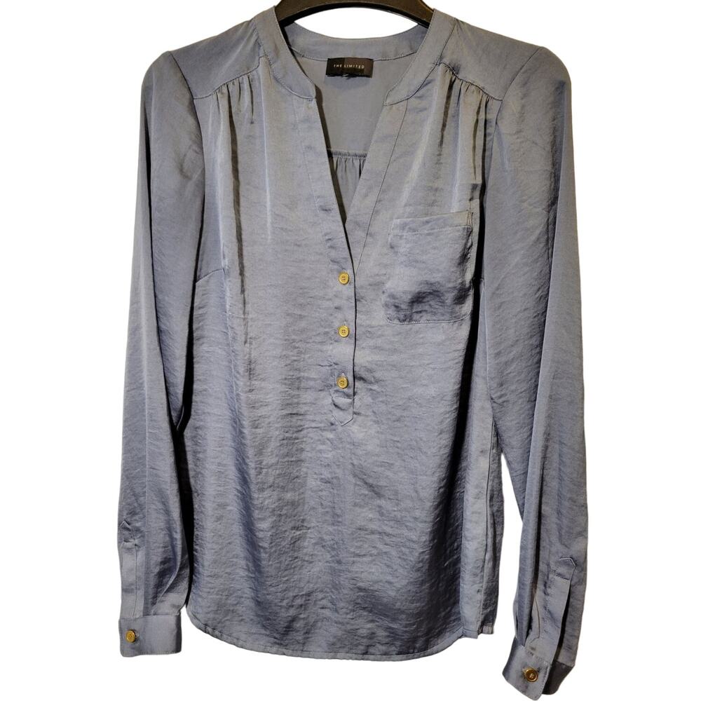 The Limited Blue Satin Button Up Long Sleeve Blouse with 3 golden buttons Size S